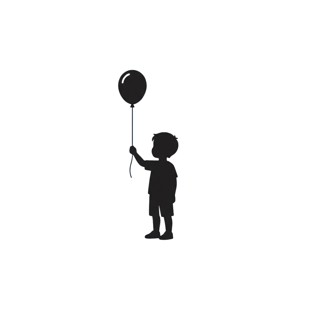 Silhouette of a child holding a round balloon against a dark background