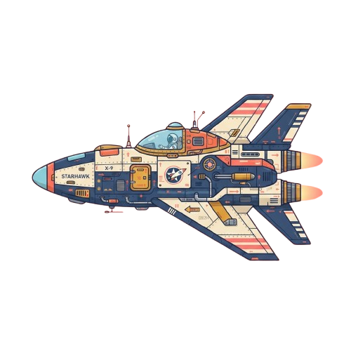 Illustration of a colorful, retro-futuristic space shuttle jet with detailed cockpit and engine parts