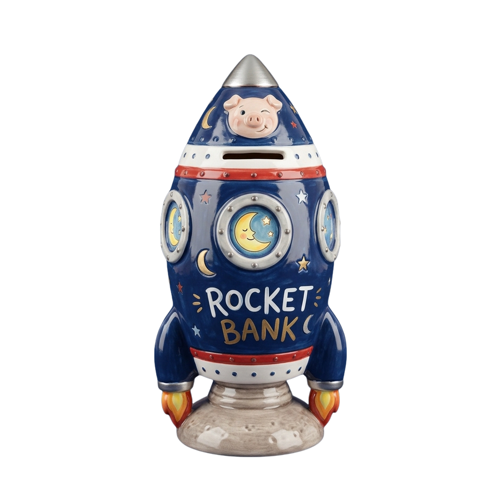 Decorative piggy bank shaped like a rocket with a pig on top and space-themed designs