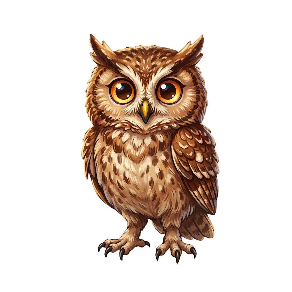 A stylized brown owl with large round eyes and feathers facing forward against a black background