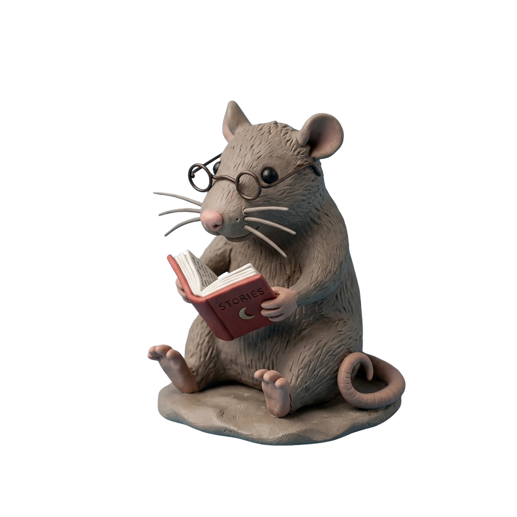 A cartoon rat wearing glasses and sitting while reading an open book titled Stories