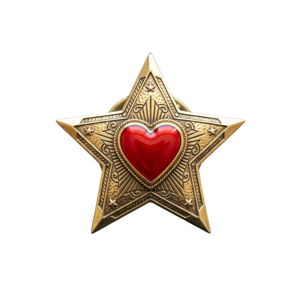 A decorative gold star pin featuring an intricately designed red heart gemstone at its center