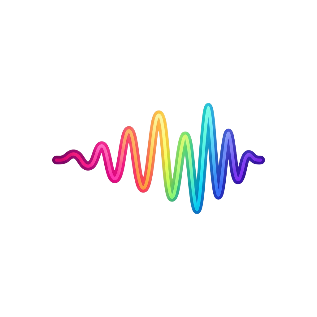 A vibrant, gradient-colored soundwave illustration on a black background