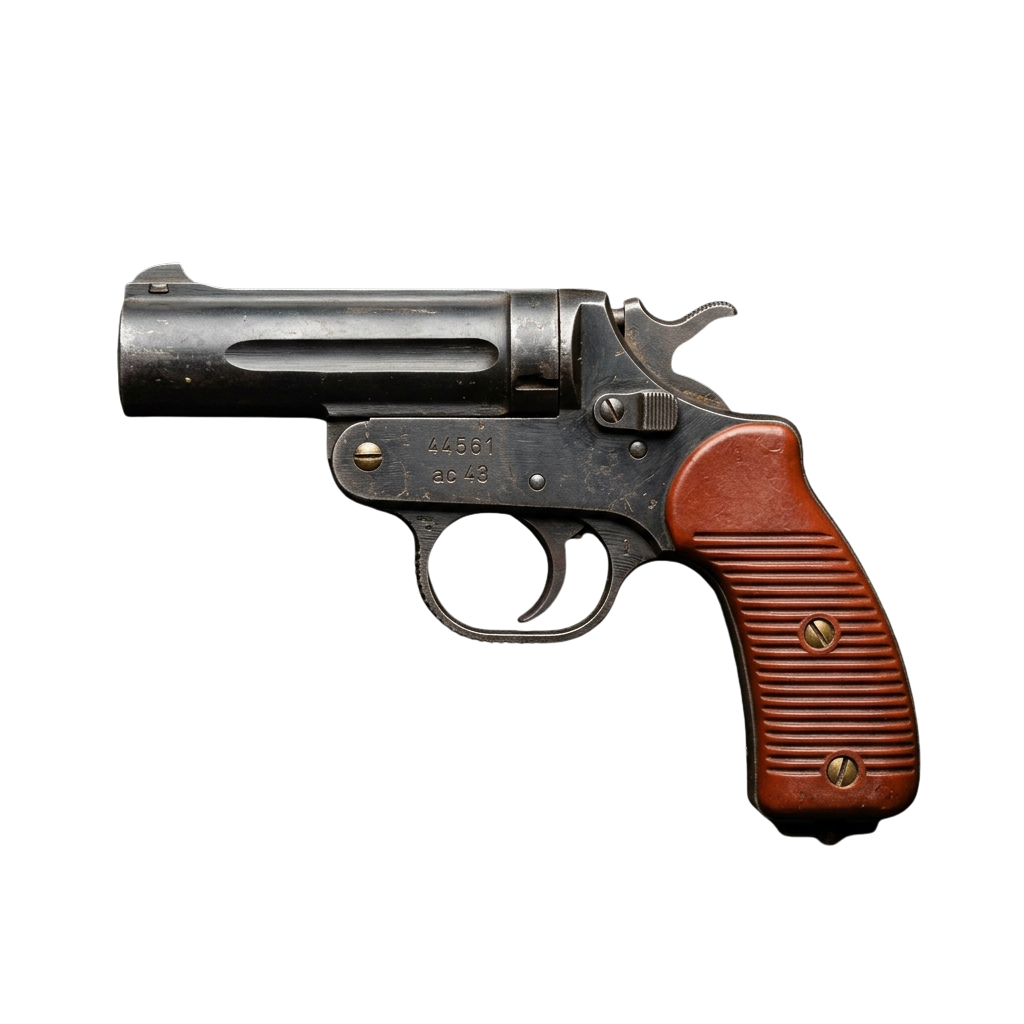 A vintage revolver with a wooden grip and metal barrel shown from the side.