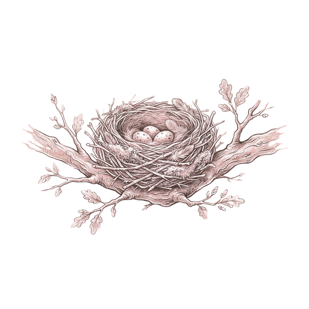 A detailed illustration of a bird nest with three eggs placed on intertwined branches and leaves