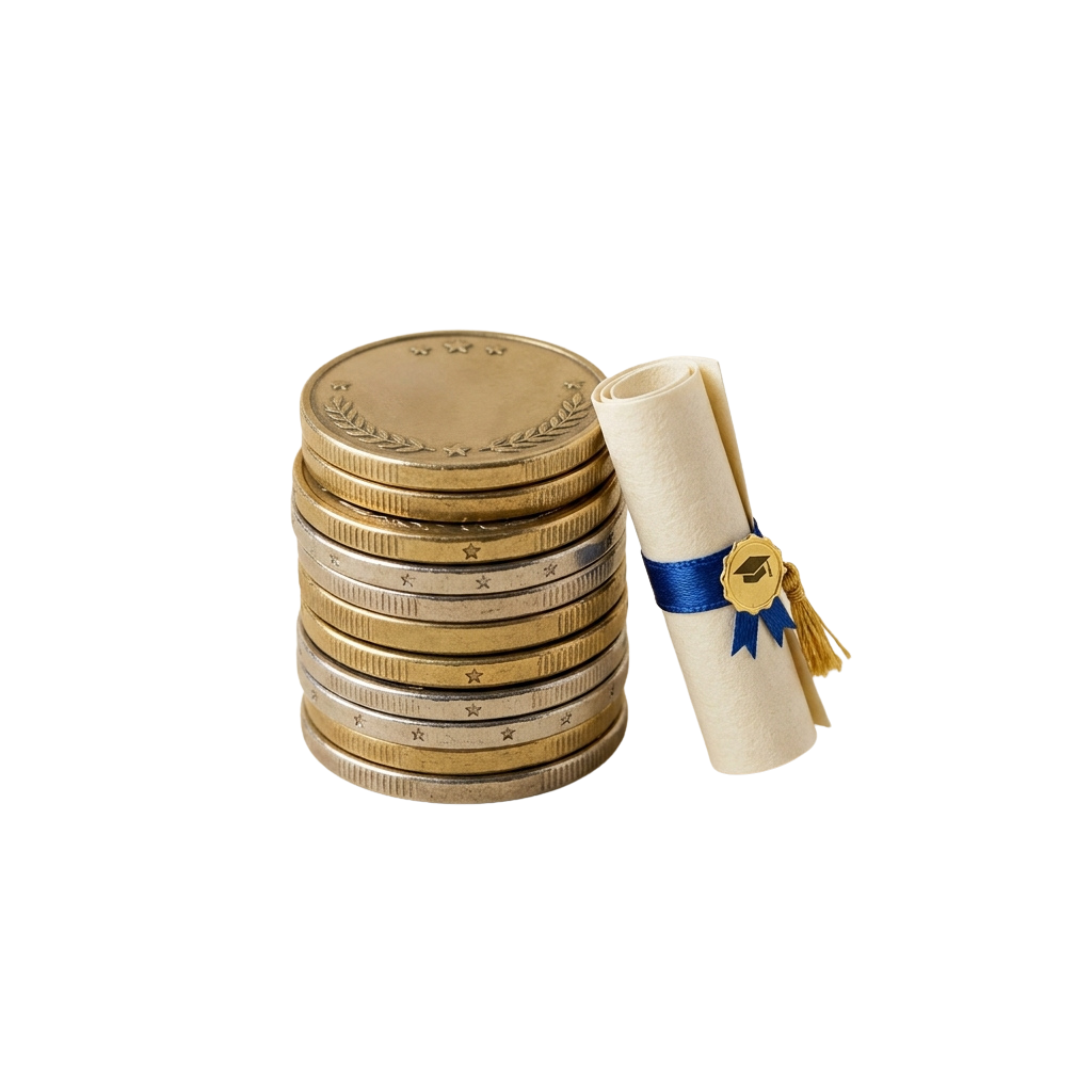 Stack of gold-colored coins next to a rolled diploma with blue ribbon and gold tassel