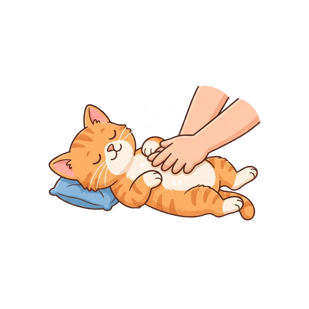 A cartoon cat lying on its back while a hand gently holds its paws, with heart shapes floating nearby.