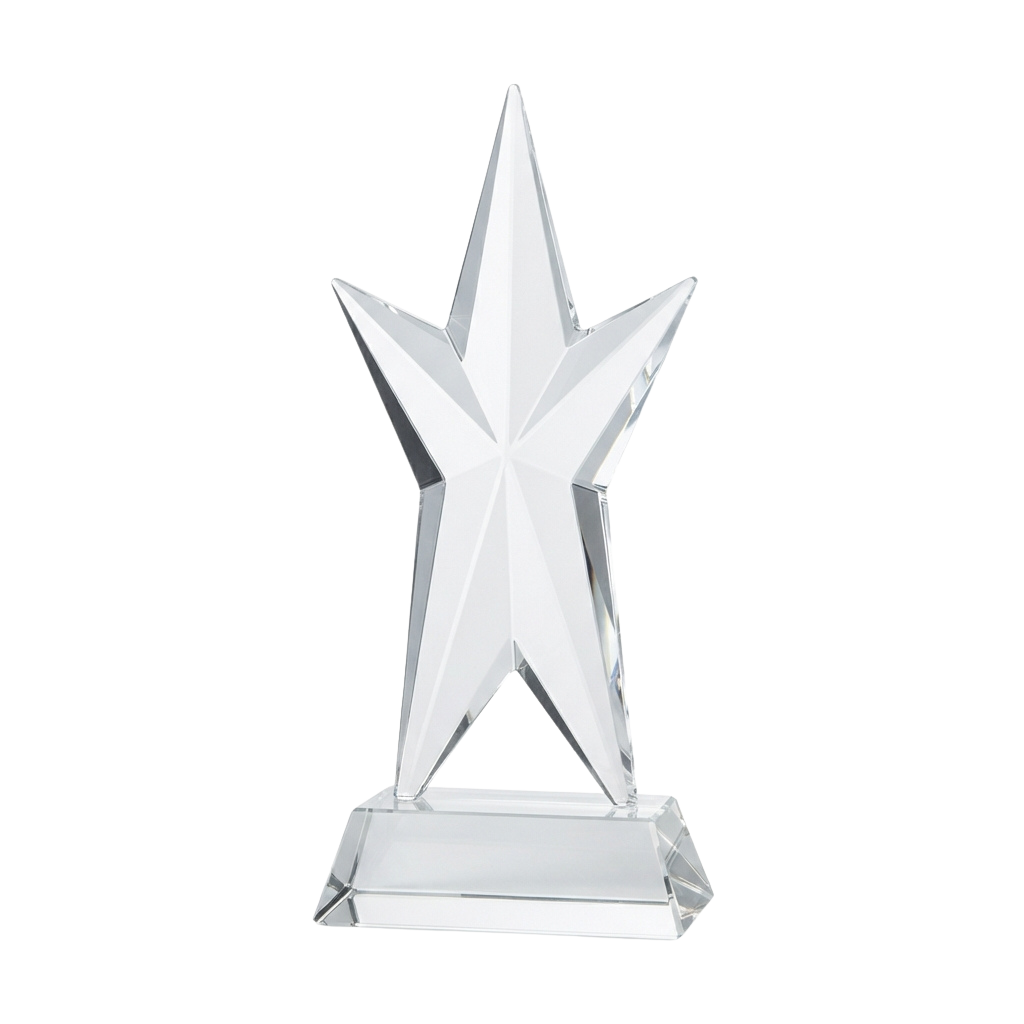 A shiny, faceted star-shaped trophy mounted on a clear acrylic base against a black background