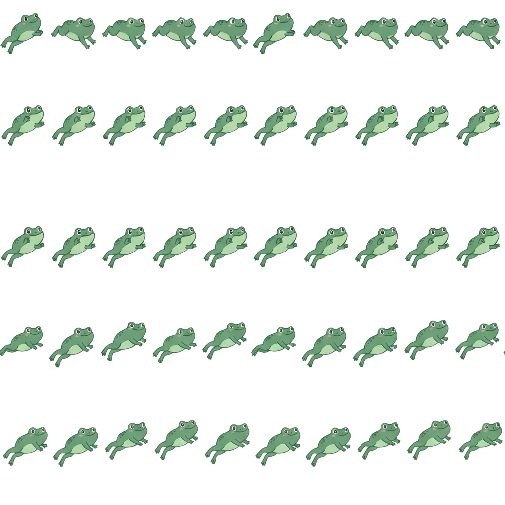 Grid of 3D animated green frog models in various poses against a black background