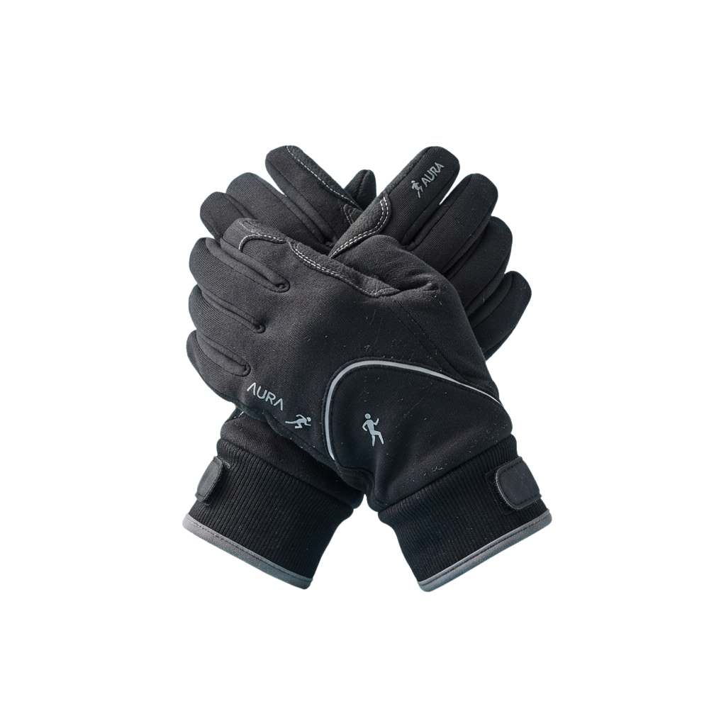 Black fingerless gloves with padded palms, silicone grip patches, and a small logo on the wrist area