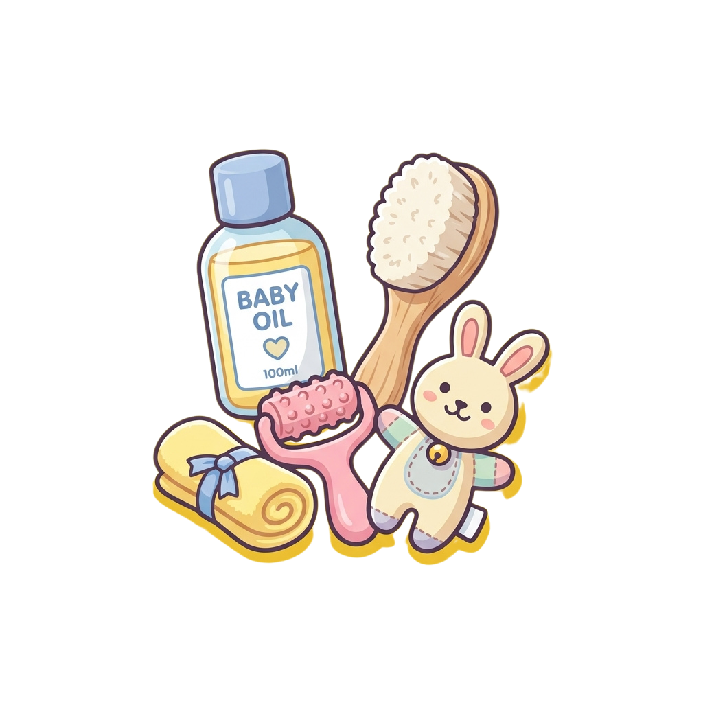 Illustration of baby oil bottle, brush, diaper, and a smiling cartoon rabbit toy