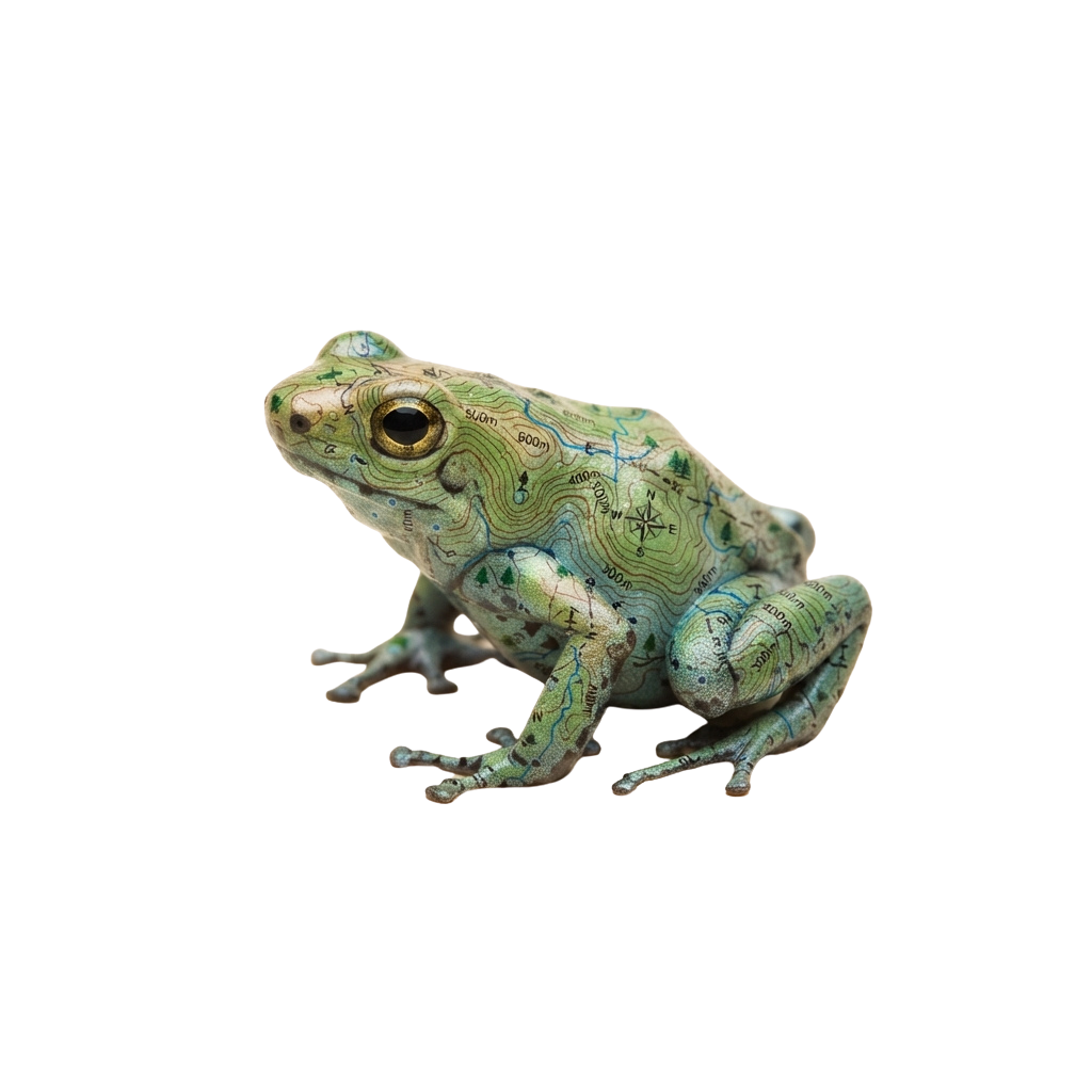 A frog sculpture with a skin design resembling a topographical map in green and blue tones.