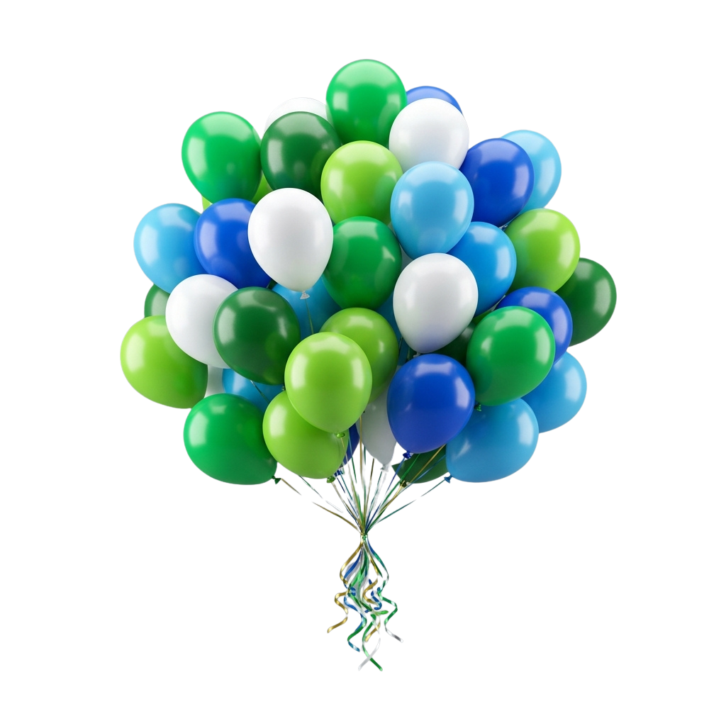 A cluster of green, blue, and white balloons tied together with ribbons