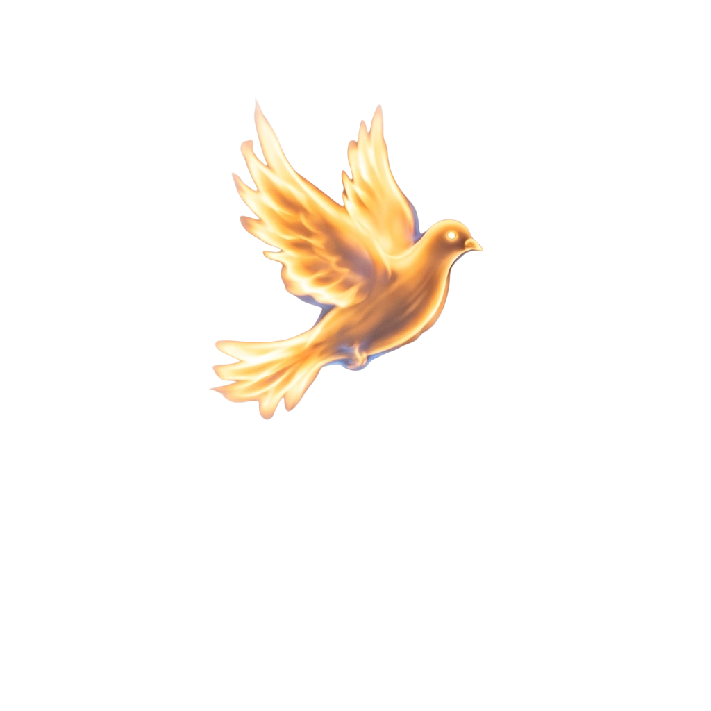 A glowing golden dove in mid-flight against a dark background