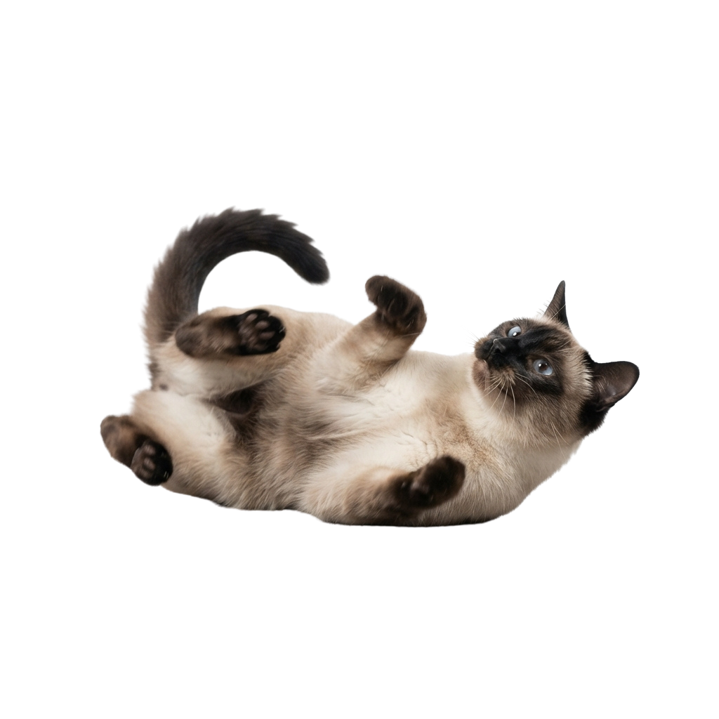 A Siamese cat lying on its back with paws in the air, appearing playful and relaxed