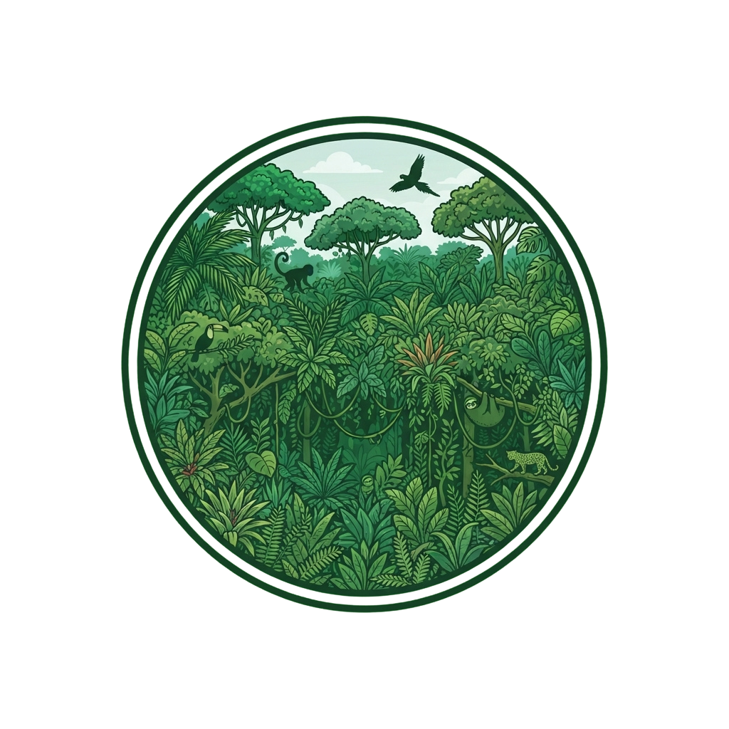 A detailed illustration of a vibrant rainforest with various animals like monkeys, birds, and a jaguar among lush green foliage