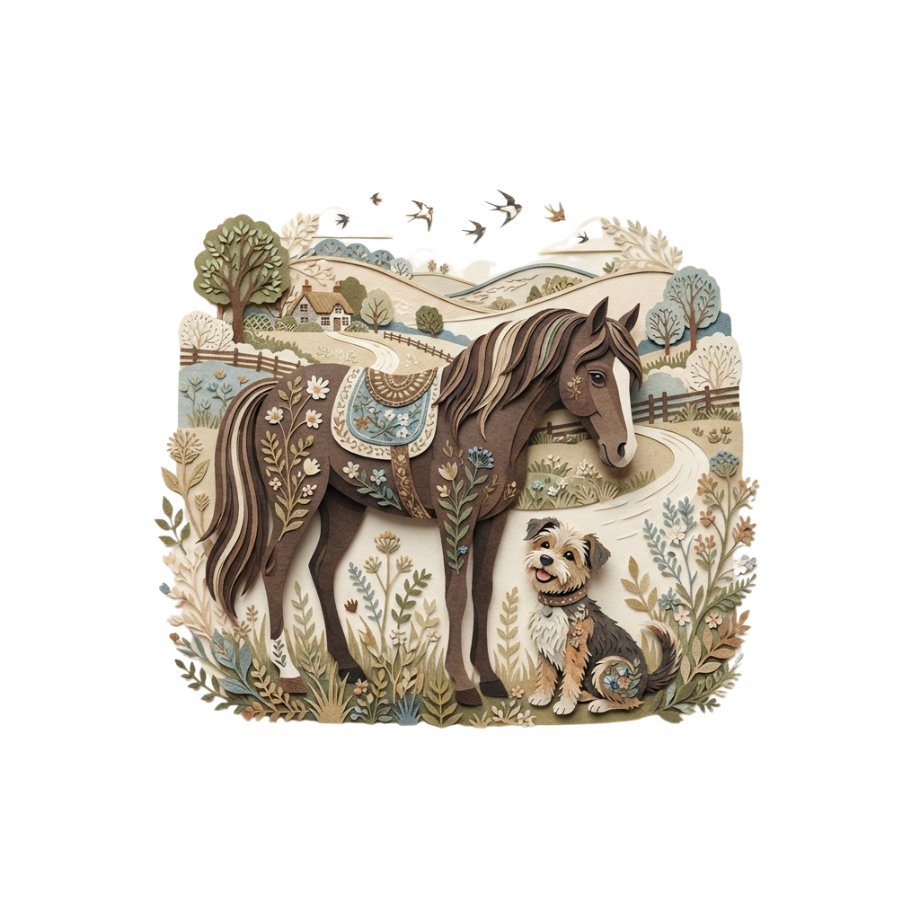 A stylized horse and small dog sitting together in a lush, detailed countryside scene with trees, flowers, and birds flying.