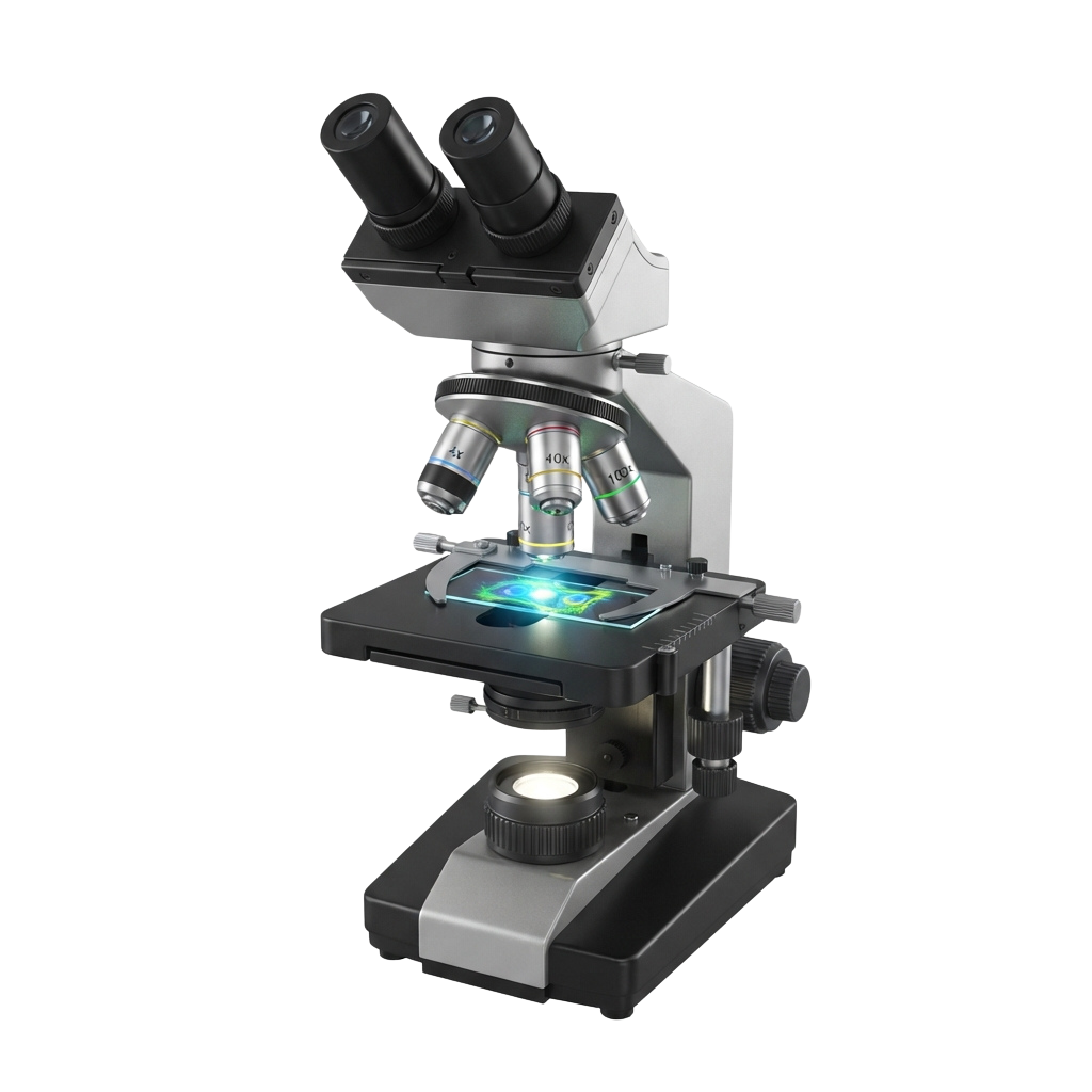 A high-quality microscope with dual eyepieces, rotating objective lenses, and built-in LED illumination on a black base.