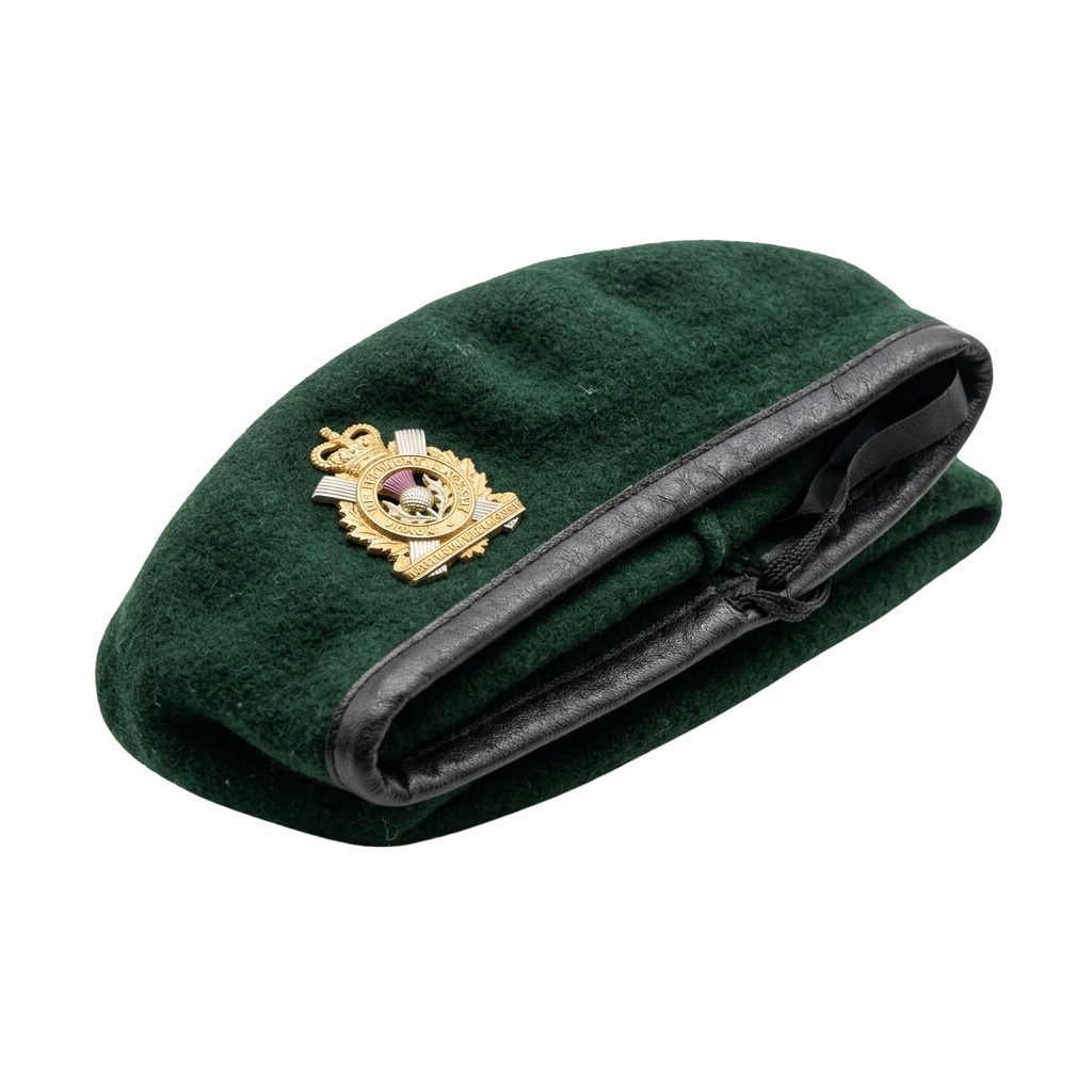Dark green military beret featuring a gold emblem and black chinstrap