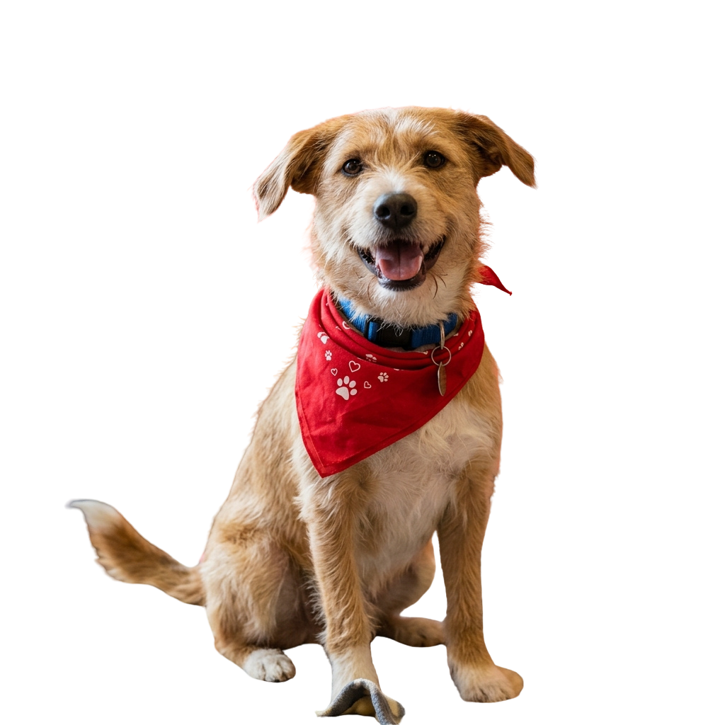 A cheerful tan dog sitting and smiling while wearing a red bandana with paw prints and a blue collar