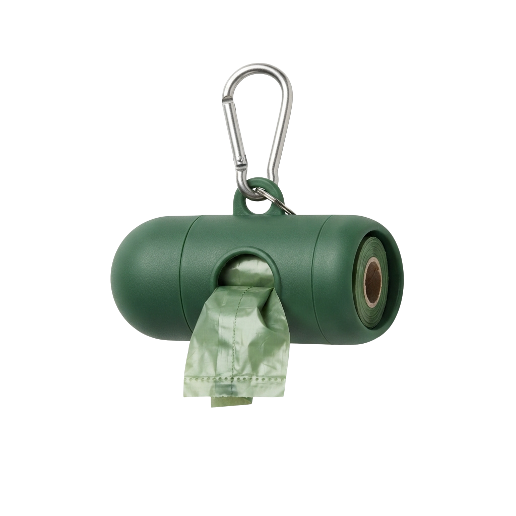 Green cylindrical dog waste bag dispenser with a carabiner clip attached, partially open to show a light green bag inside