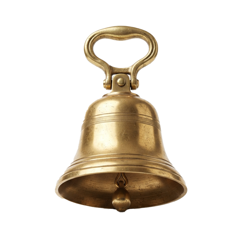 A golden brass bell with a loop handle for hanging, shown against a dark background