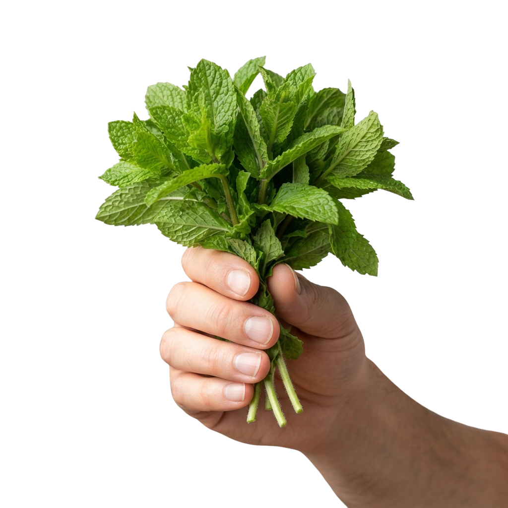 A hand holding a bunch of fresh green mint leaves against a black background