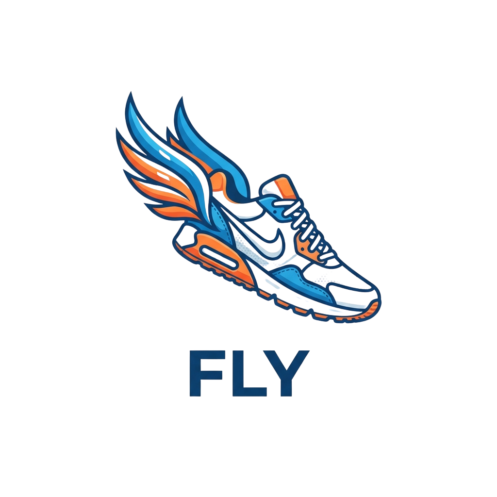 A running shoe with blue and orange wing-like accents and the word FLY in blue beneath it
