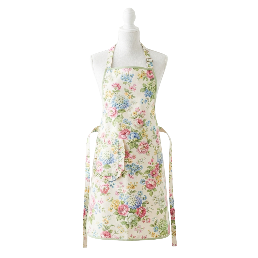 A white mannequin wearing a light-colored apron with a floral pattern of roses and hydrangeas