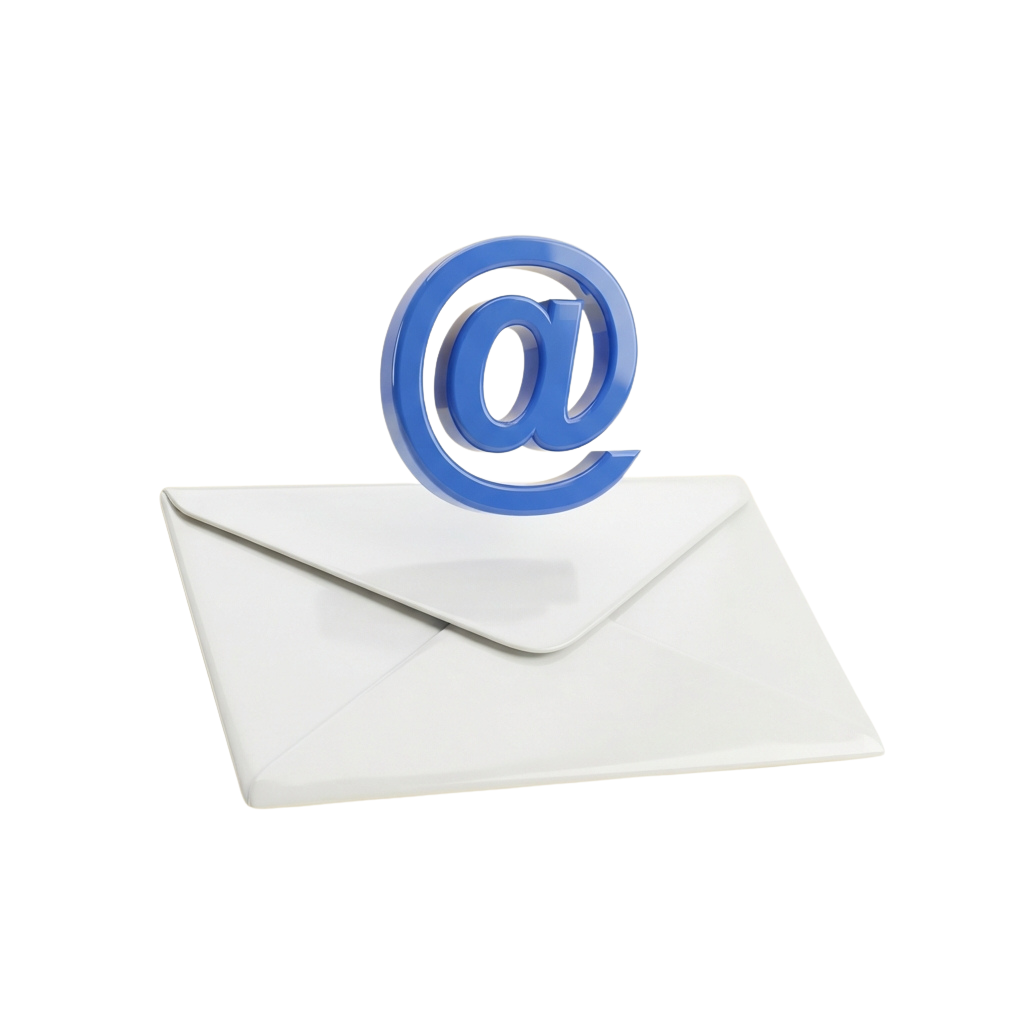A white envelope with a blue at symbol resting on top, representing email communication