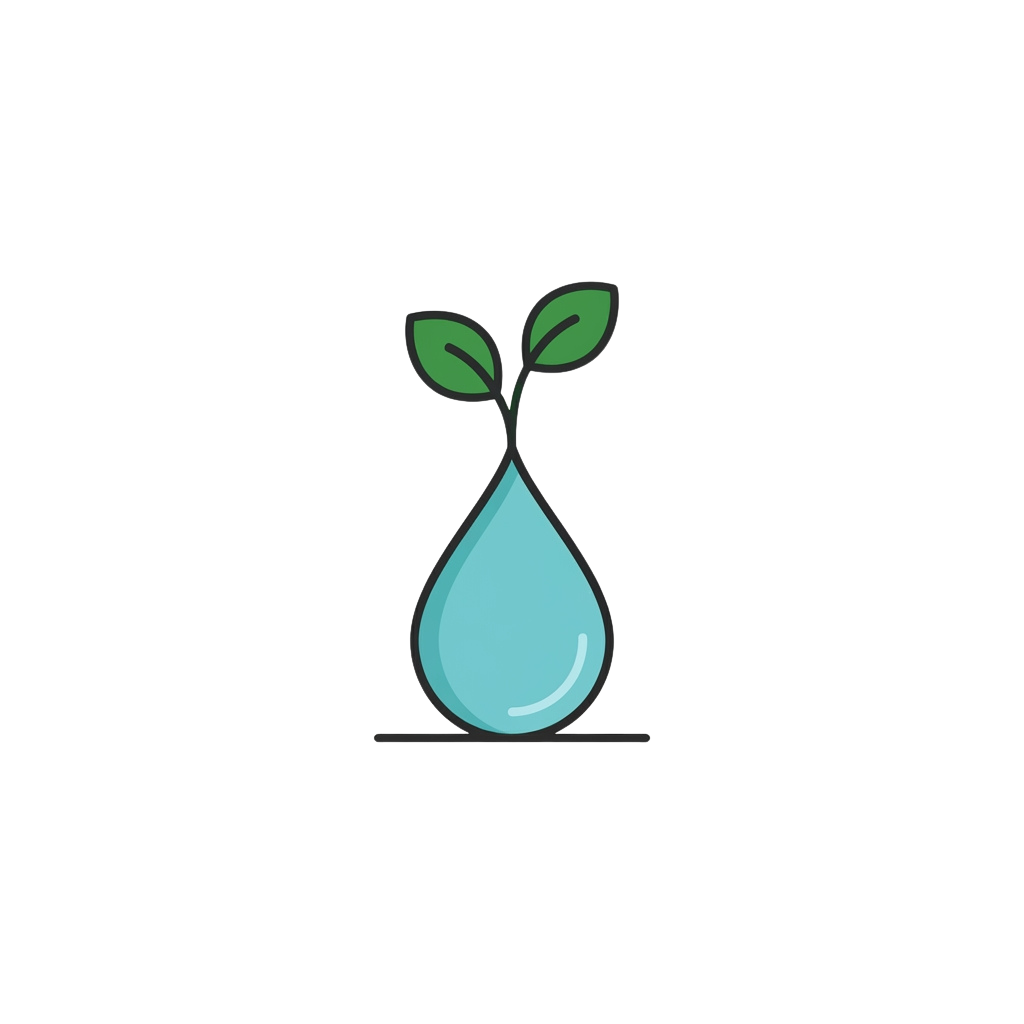 A light blue water droplet with a small green sprout growing from it against a black background