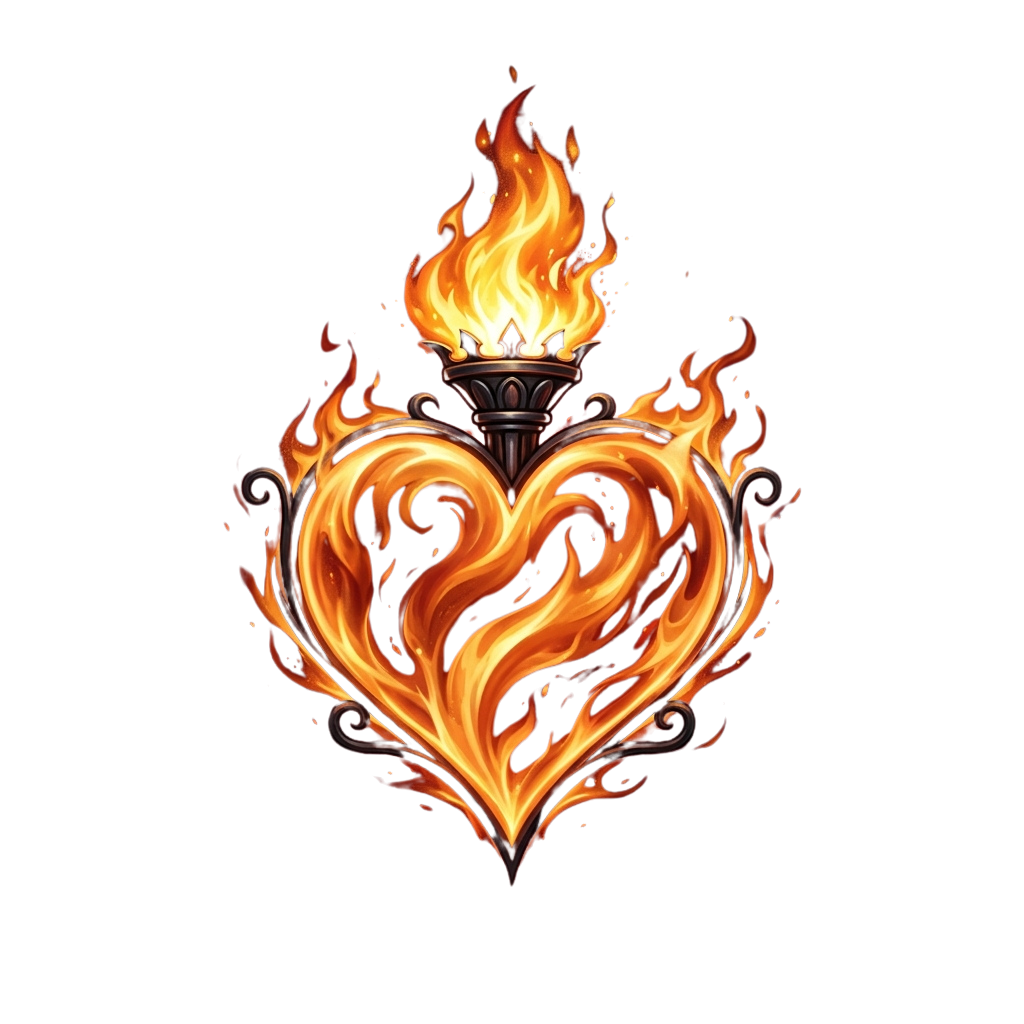 A stylized heart shape engulfed in orange and yellow flames with a torch on top
