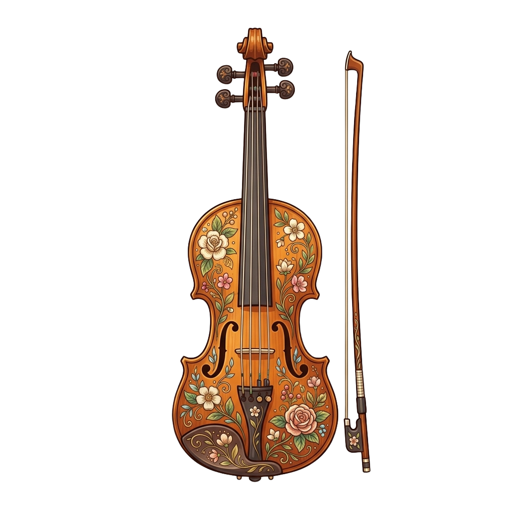 A beautifully decorated violin with floral patterns and a matching bow displayed against a dark background