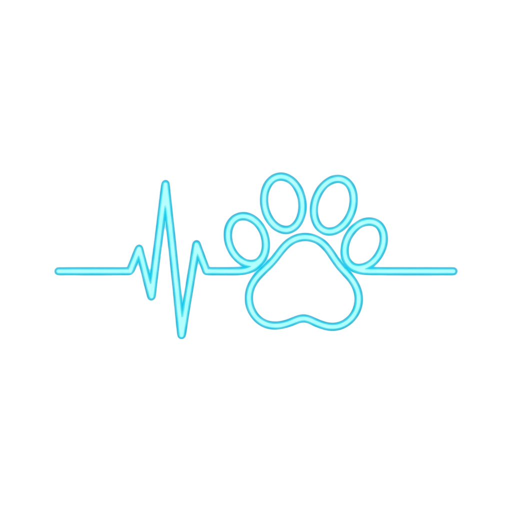 A paw print icon next to a heartbeat line symbol on a black background