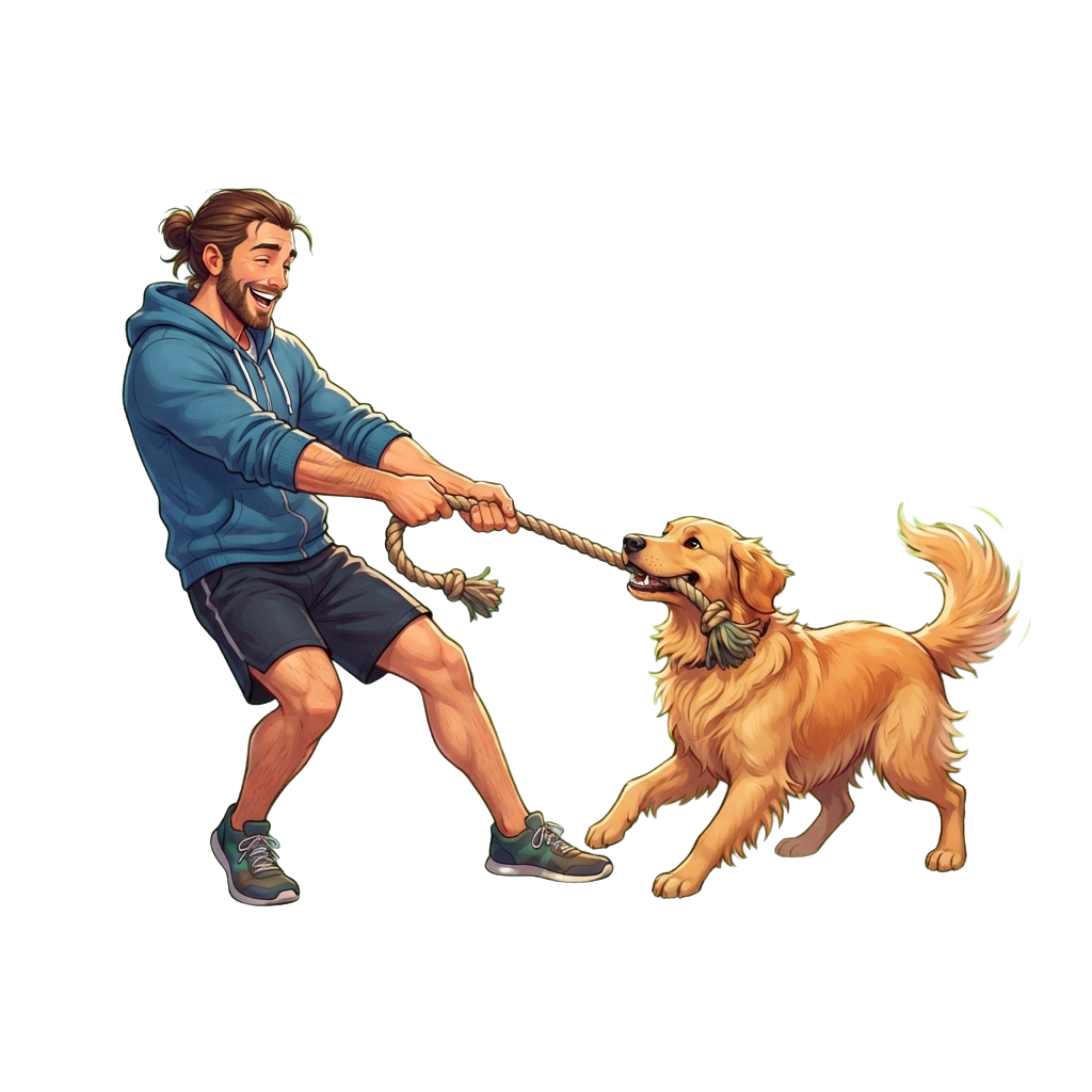 A man and a golden retriever dog playing tug of war with a rope toy