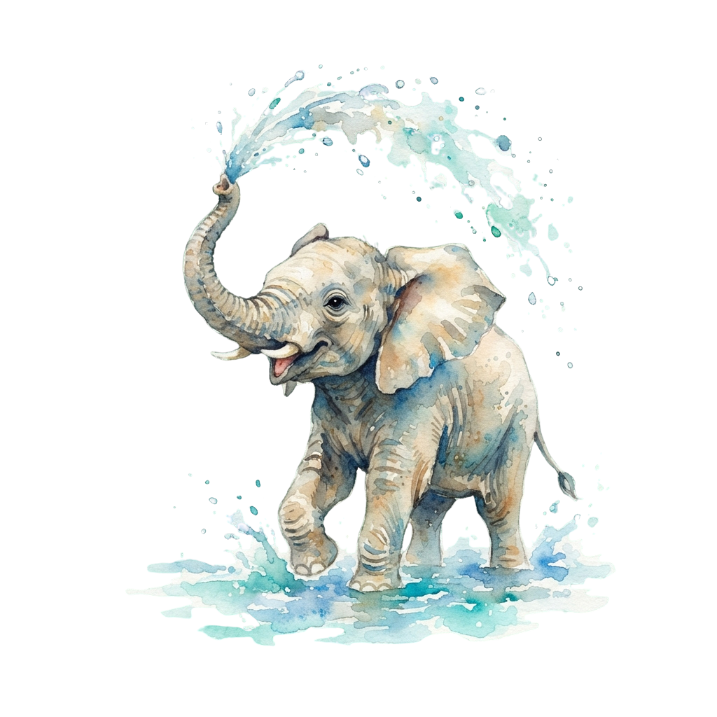 A baby elephant raising its trunk and spraying water in a playful manner.