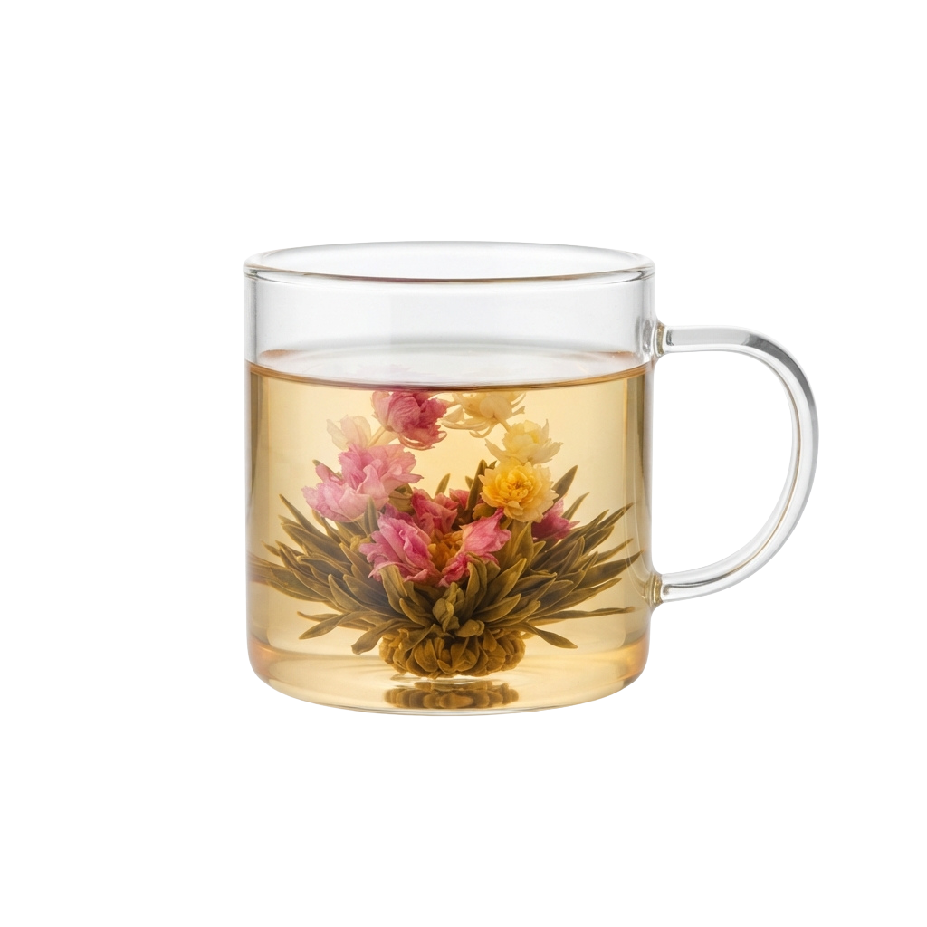 A clear glass mug filled with light yellow tea and a floral tea infusion featuring pink and yellow blossoms