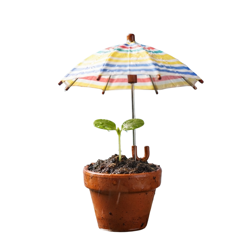 A small potted plant with a tiny colorful striped umbrella providing shade.