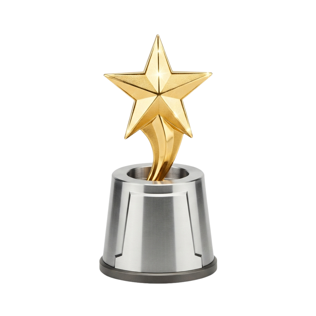 A golden star-shaped trophy mounted on a silver pedestal against a black background