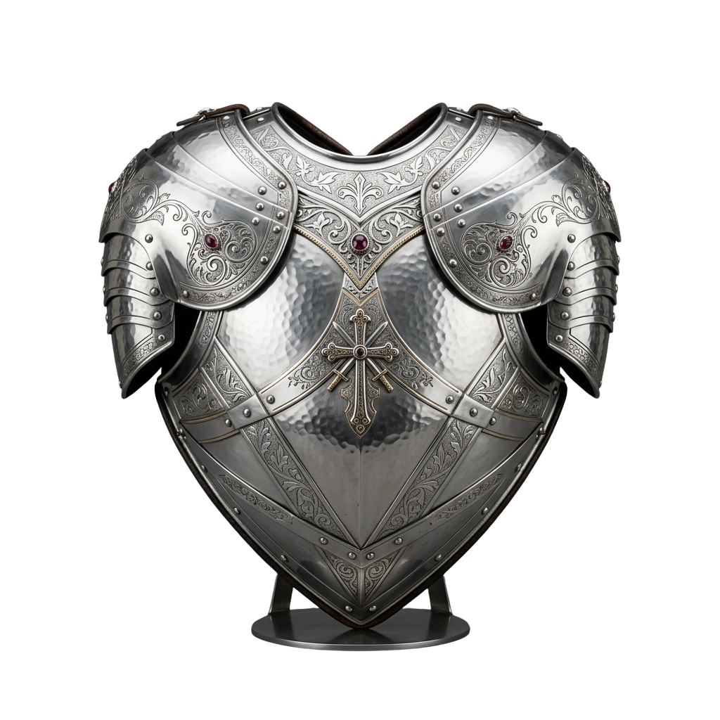 Decorative silver armor chest plate featuring intricate designs and red gem accents on the shoulders