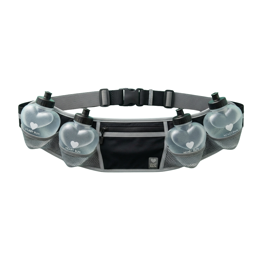 Black running waist belt with four clear water bottles and a central mesh pocket