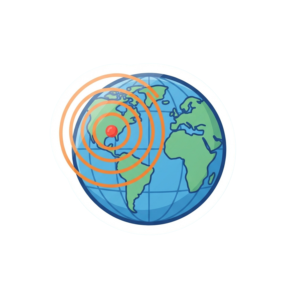 Illustration of concentric seismic waves radiating from a point on Earth near South America