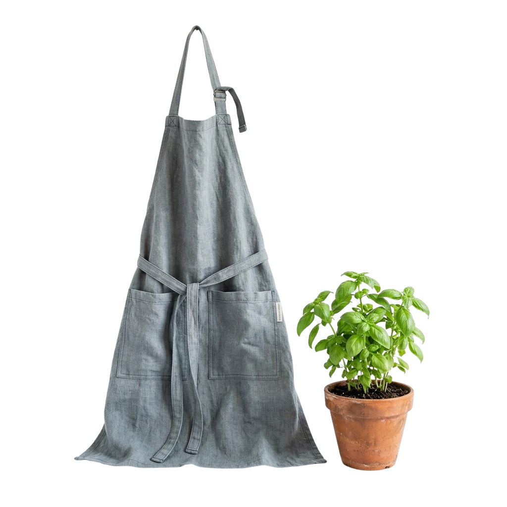 Gray gardening apron with pockets and a small potted basil plant beside it
