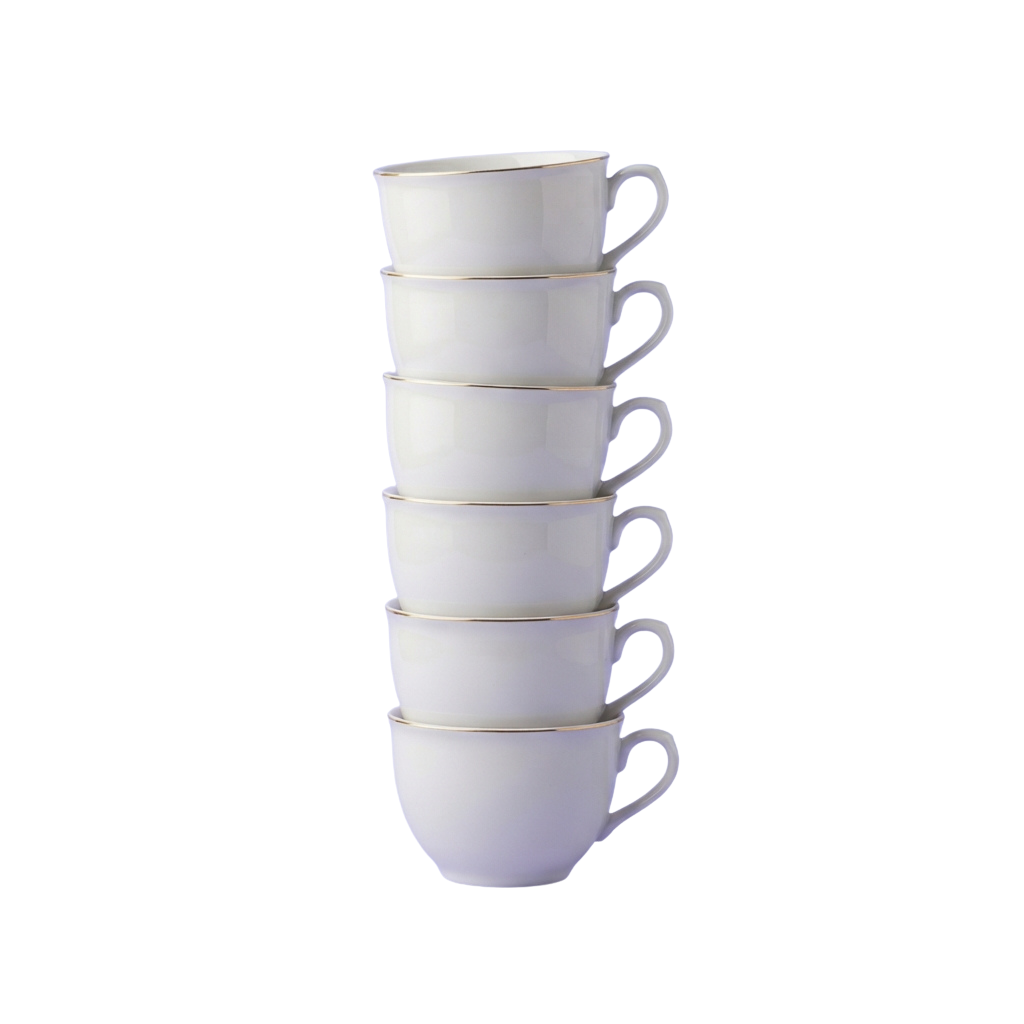 Five white ceramic cups with handles stacked vertically against a black background