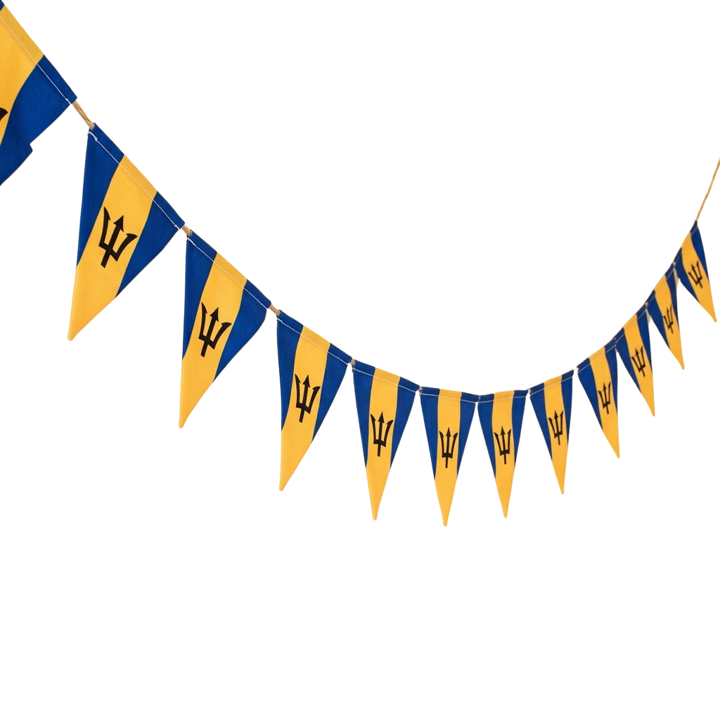 String of triangular pennants featuring the Barbados flag design in blue and yellow with the national coat of arms
