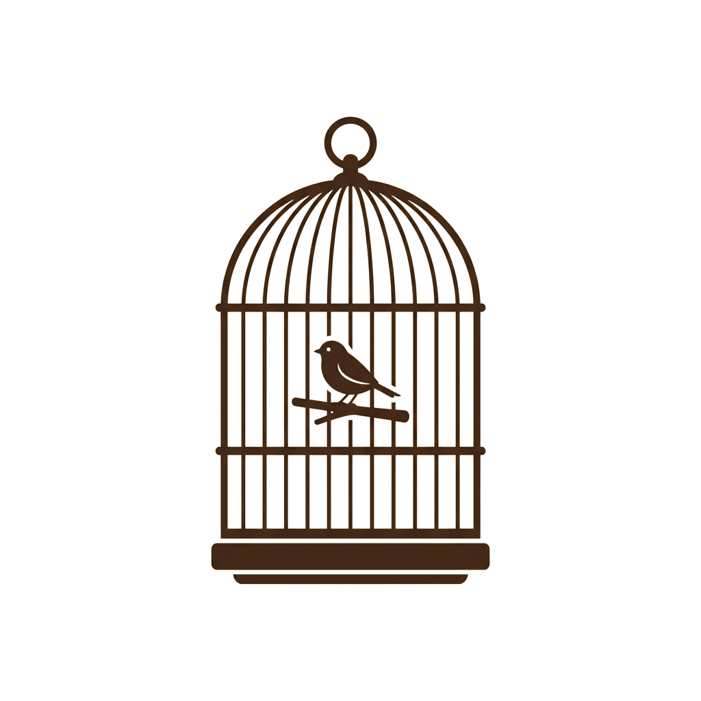 A decorative birdcage with a small bird perched on a branch inside
