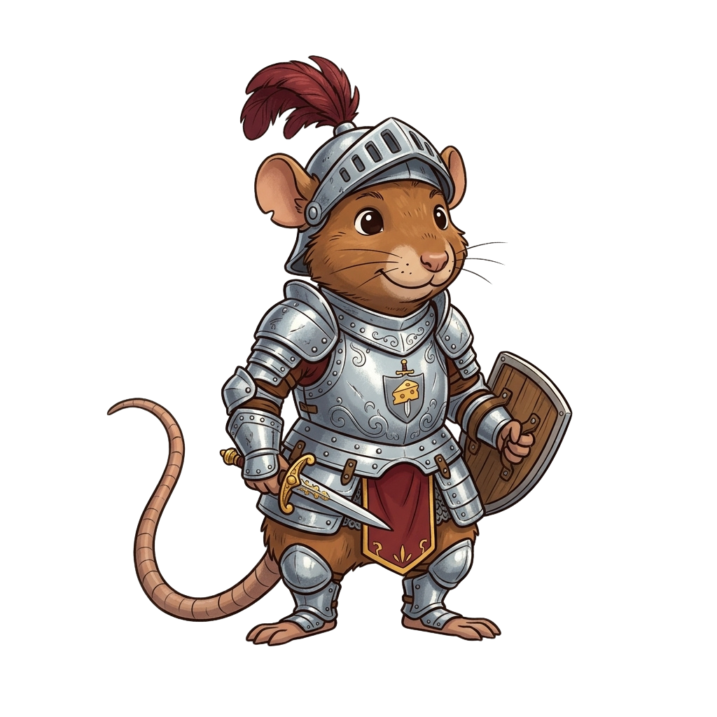 A cheerful cartoon mouse dressed in medieval knight armor holding a shield and sword