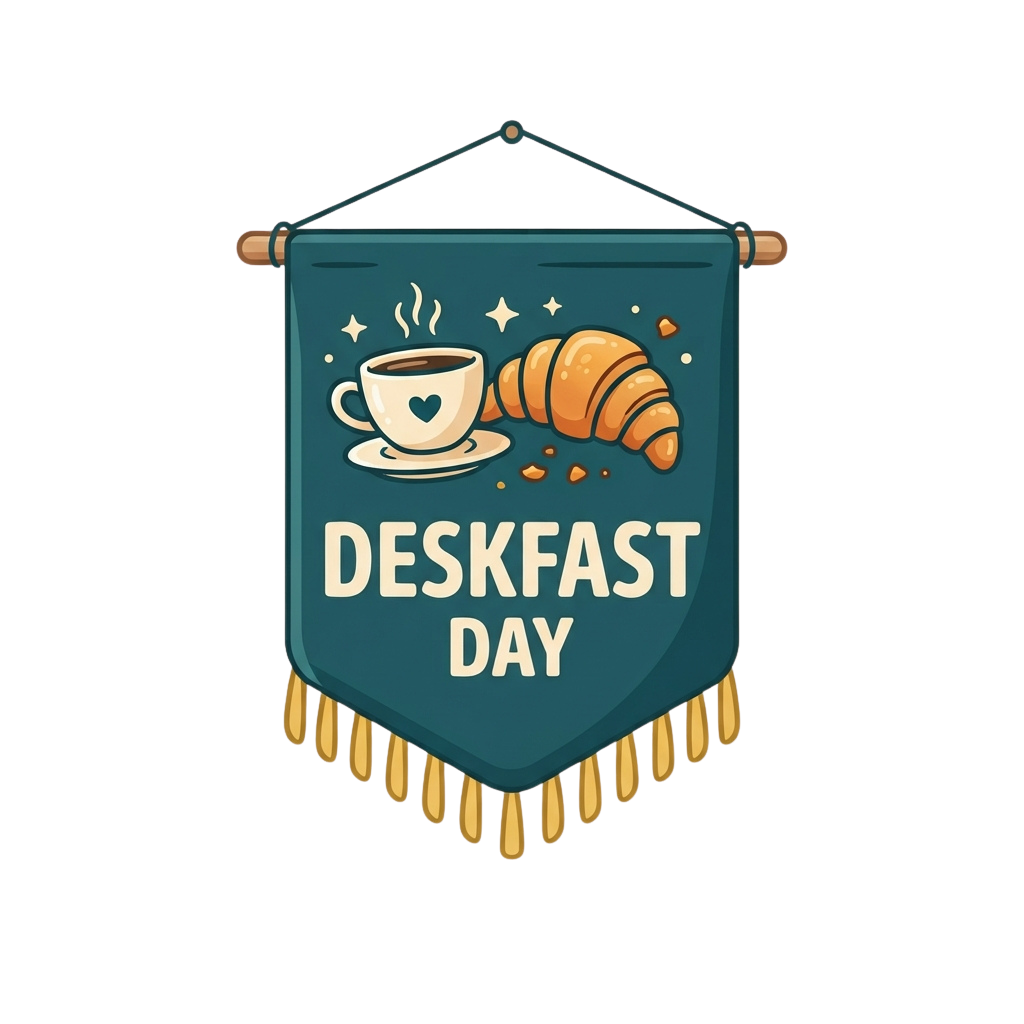 Illustration of a banner showing a coffee cup with steam and a croissant, labeled Deskfast Day