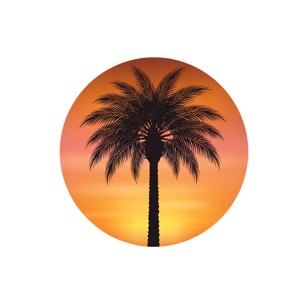 A palm tree silhouette against a vibrant sunset sky with warm orange and yellow hues