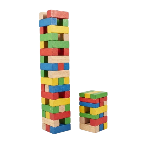 Two wooden Jenga towers made of colorful blocks, one tall and stable, one shorter with missing blocks.